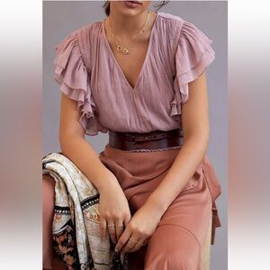 Anthropologie Purple Flutter Sleeve Blouse